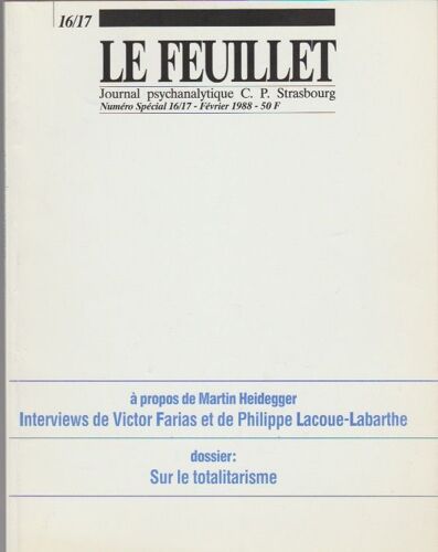 Le Feuillet, Journal Psychanalytique Cp Strasbourg, N° 16/17, Février 1988