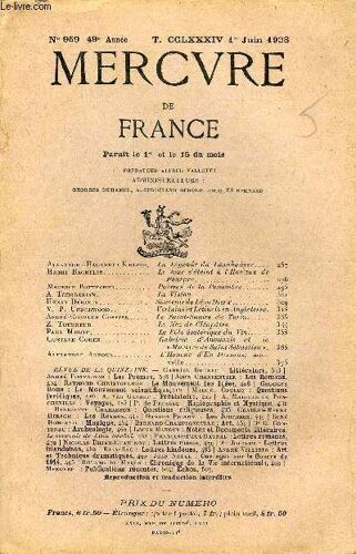 Mercure De France N° 959 - Tome Cclxxxiv - Alexandre-Haggerty Krappe. La Légende Du Tannhaüser. Henri Bachelin. Le Tour S¿Éteint À L'horizon De Pourpre..Maurice Pottecher. Poèmes De La ...