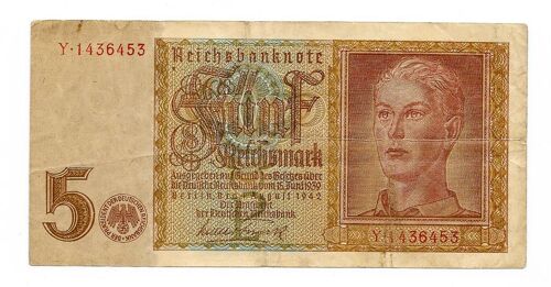 Ww2 Allemagne Billet Monétaire Allemand " 5 Reichsmarks " De 1942