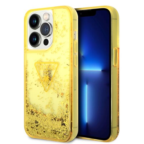 Guess Coque arrière rigide pour iPhone 14 Pro - Liquid Glitter - Translucide - Jaune