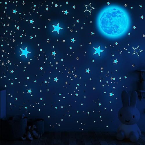 D'étoiles Et De Plafonds De Lune Qui Brillent Dans L'obscurité, Cadeaux Pour Les Garçons Et Les Filles (Étoiles Bleues Et Lune)-Zzy 1049 Pièces