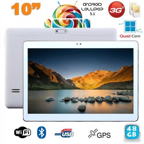 Tablette Tactile Android 10 Pouces 3G Dual Sim Quad Core Wifi Bt 48Go Blanc YONIS