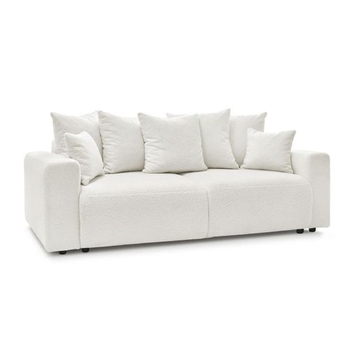 Canapé Droit Convertible Coffre Envy Tissu Bouclette Doux Avec Pouf Rond Blanc