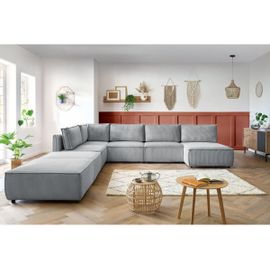 Canapé panoramique fixe 100% modulable NIHAD tissu velours côtelé 3 chauffeuses, 1 angle, 1 méridienne et 2 poufs Gris clair Panoramique