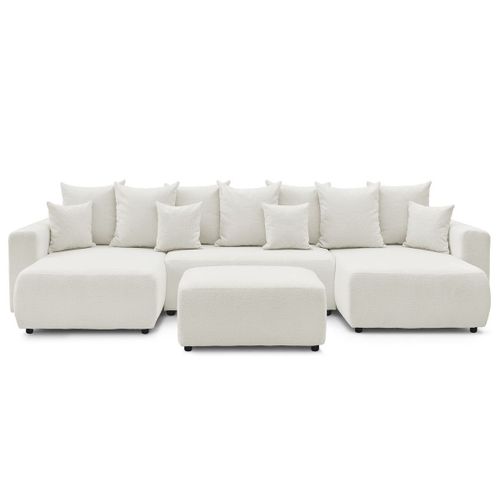 Canapé Panoramique Convertible Coffre Envy Tissu Bouclette Avec Pouf Rectangulaire Blanc