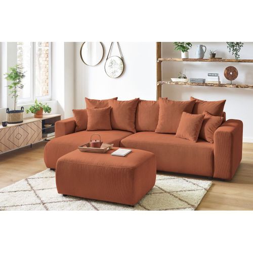 Canapé D'angle Réversible Convertible Coffre Envy Velours Côtelé Avec Pouf Orange