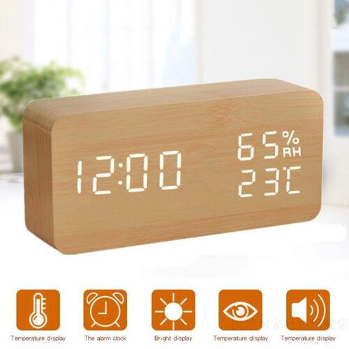 Réveil numérique LED en bois, horloge de Table électronique à commande vocale, température