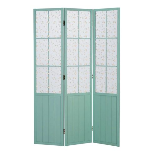 Paravent en 3 panneaux séparateur de pièce en bois turquoise et tissu floral 170x120 cm PAR06091