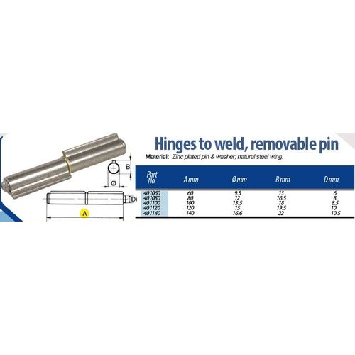 Hinge 100mm Steel drop profile weldable fixed pin - Set of 2