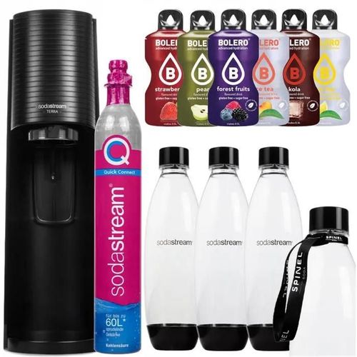 SodaStream Terra Black one bottle + SodaStream 1L Fuse bottles Two-pack Black + Spinel bottle lanyard + Bolero
