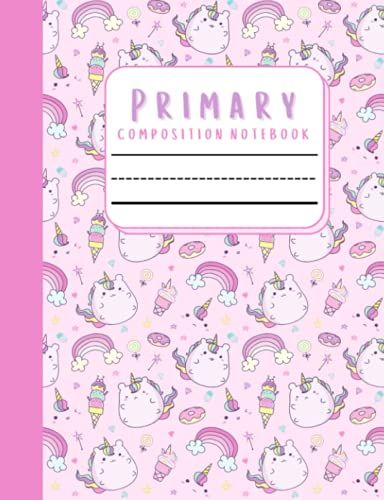 Primary Composition Notebook: Draw And Write Story Journal With Dotted Midline And Picture Space, Kawaii Kitty Unicorn