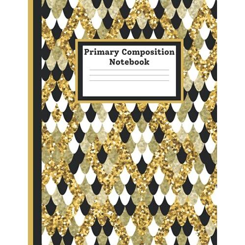 Primary Composition Notebook: Glitter Animal Print Fun Primary Composition Book Story Paper Journal With Picture Space For Kids Grade K-2, Dotted ... Gift For Boys & Girls, Black & Gold Design