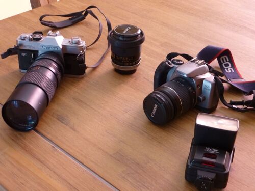 Canon Ftb + Canon Eos 3000v + Objectif Canon 35mm + Objectif 28/80 + Téléobjectif 100/300 + Flash