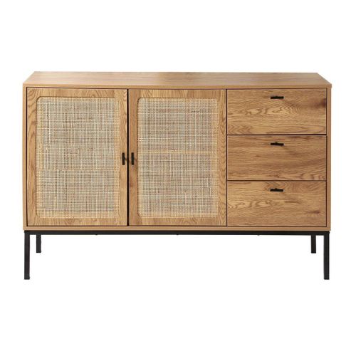 Buffet 2 Portes Et 3 Tiroirs Décor Bois Et Rotin - L120 Cm