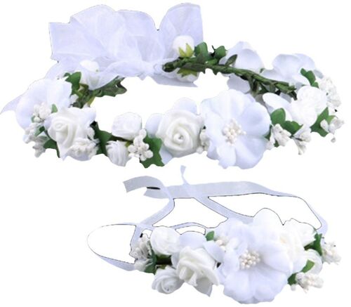 Heytea Rose Flower Crown Wreath Wedding Headband Wrist Band Set (Blanc)