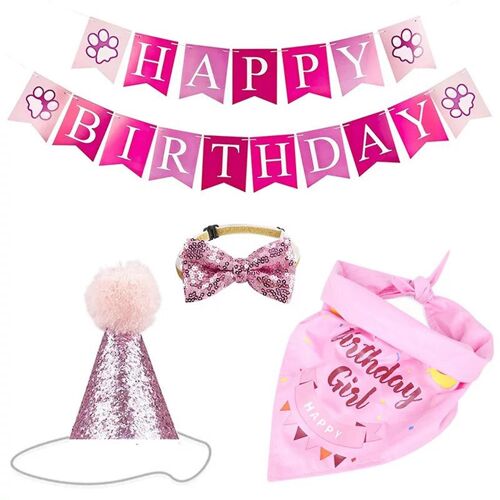 Cat Dog Party Supply Set inclus Bannière Chapeau d'anniversaire Ballons Bib Collar Cake Top pour douche