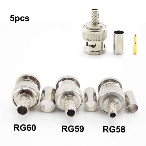 Connecteur adaptateur à sertir mâle BNC, fiche pour audio CCTV, connecteur de coupleur femelle RG58 RG59 RG60, 5 pièces