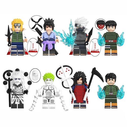 Ensemble de Mini figurines Naruto Cartoon Uchiha Sasuke Uchiha Obito Hatake Kakashi Namikaze Minato 8 pièces + 18 accessoires Briques Poupée Jouet Pour Enfant