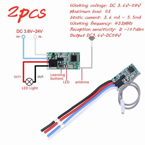 Récepteur relais RF 433 Mhz 1ch, 2 pièces, commutateur universel sans fil, Micro Module de contrôle de lumière LED DC 3.6V-24V, bricolage