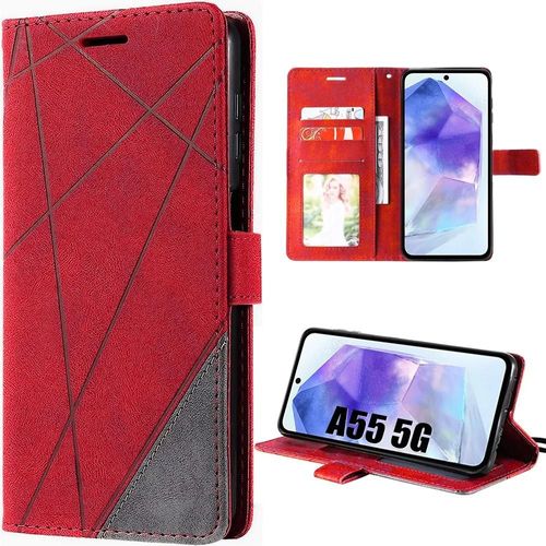 Coque Pour Samsung Galaxy A55 5g - Rouge - Design Rétro En Cuir Pu Et Antichoc Tpu Avec Porte-Cartes Et Support Réglable - Booling