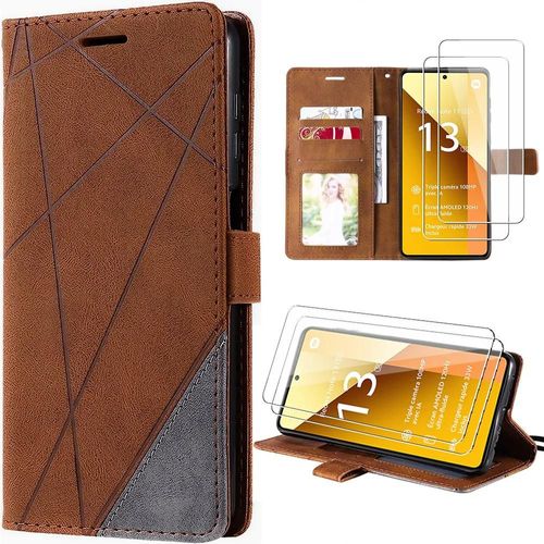 Coque Pour Xiaomi Redmi Note 13 5g (Pas Pour 4g), Marron Effet Cuir, Antichoc Avec Poche À Cartes Et Support + 2 Verres Trempés - Booling