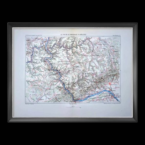 Imprime en 1878 carte le Rhin de Mayence Coblenz multicolore