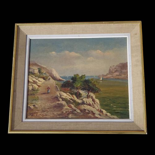 Peinture ancienne sur toile Paysage Mditerrane multicolore