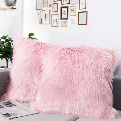 KALANKA-2Pcs Housse de Coussin, Fausse Fourrure Deluxe Décoratif Canapé Chambre Lit Super Doux Peluche Mongolie Taie d'oreiller (2Pcs Rose, 45 x 45cm)