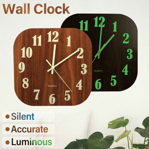 Horloge murale carrée lumineuse en bois, 12 pouces, silencieuse, pour la cuisine, avec veilleuses, pour salon intérieur