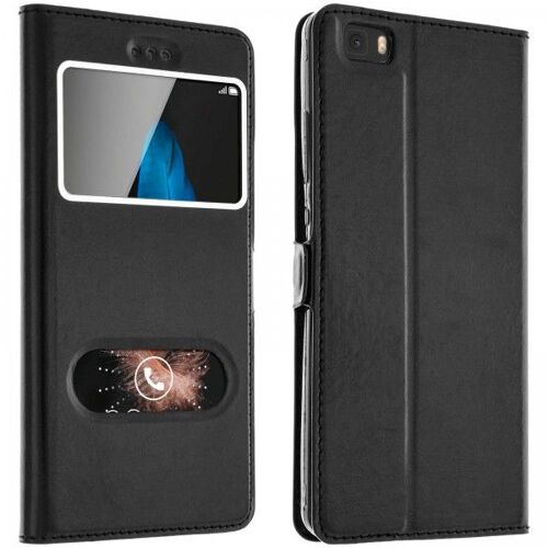 Coque Huawei P9 Lite Noir, Étui Housse Double Fenêtre Ultra Fine (Existe Pour P8,P8 Lite Et P9) Couleur De L'étui Noir + Vitre De Protection En Verre Trempé Pour P9 Lite
