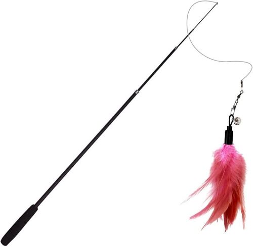 Cat Wand Toy Flexible: Rétractable Fake Feather Cat Stick Toy Kitten Teaser Toy Small Medium Large Antislip Play Animal Rosy -