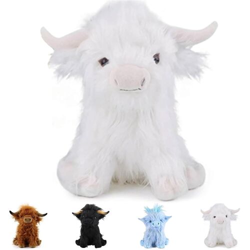 Vache Écossaise Highland Peluche Jouets, 11,8 Pouces Doux Et Câlin Peluche Animaux En Peluche, Blanc