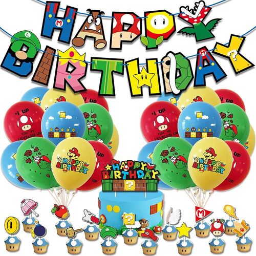 Mario Anniversaire Enfants Enfants Fête Fournitures Décors Bannière Ballons Gâteau Topper Accessoires Set