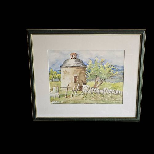 Aquarelle pigeonnier de Camboulan Aveyron sign Annick Mesnil multicolore