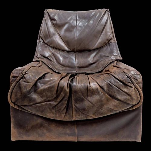 Fauteuil Brutaliste Vintage En Cuir Marron