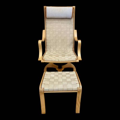 Fauteuil pivotant et son ottoman design scandinave 1960 bois