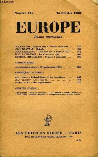 Europe Revue Mensuelle N° 158 - Jean Giono : Préface Aux « Vraies Richesses »Jean Blanzat : Défaite. Jean Guéhenno : Jeunesse De La France (Iii).D.-H. Lawrence : La Couronne (Fin)..Gabriel ...