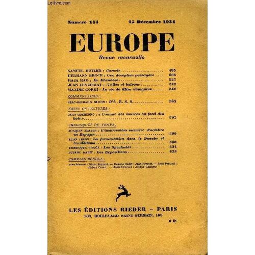 Europe Revue Mensuelle N° 144 - Samuel Butler : Carnets.Hermann Broch : Une Déception Passagère..Raja Rao : En Khandesh..Jean Ceyzériat ¿ Grilles Et Balcons. Maxime Gorki : La Vie De Klim ...