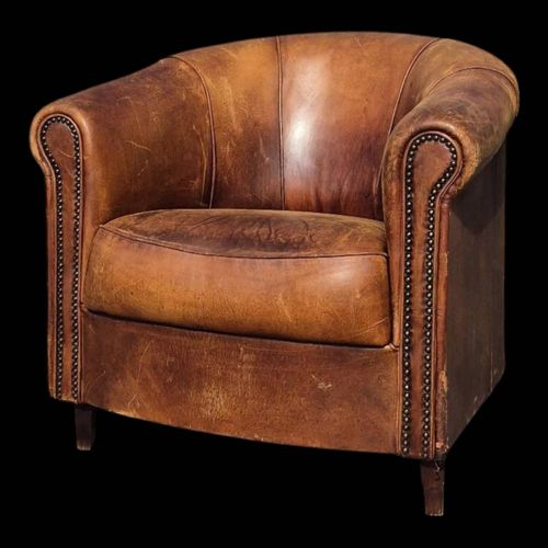 Fauteuil Club Vintage En Peau De Mouton Cognac Joris Marron