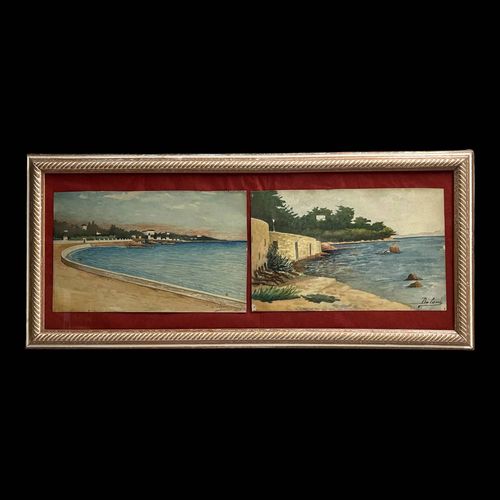 Daloni paire aquarelles bord de mer mditerrane encadrement XXme multicolore