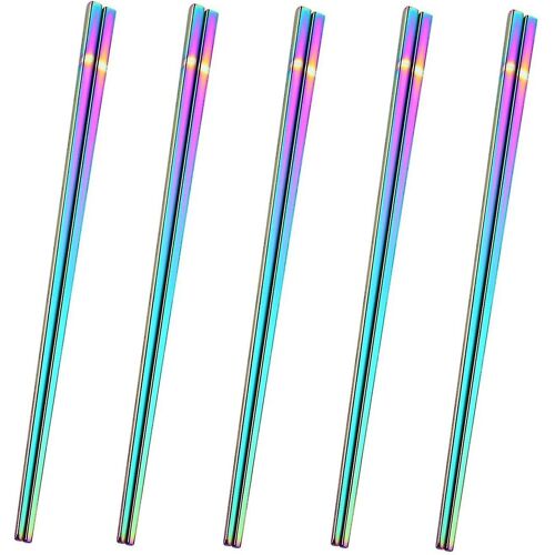 304 Baguettes En Acier Inoxydable - 5 Paires Éblouissantes De Baguettes En Métal Réutilisables Lavables Au Lave-Vaisselle - Baguettes Carrées Légères - Facile À Utiliser Et À Nettoyer (