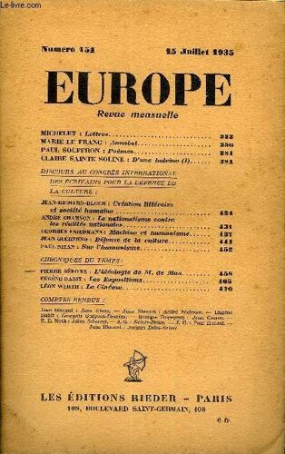 Europe Revue Mensuelle N° 151 - Michelet : Lettres..Marie Le Franc : Annàbel. Paul Souffron : Poèmes.Claire Sainte-Soline : D'une Haleine (I). Discours Au Congrès International Des ...