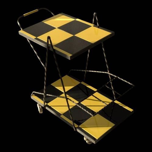 Desserte Bar Roulante Vintage Damier Noir Et Jaune Jaune