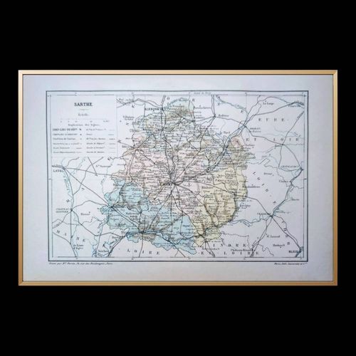 Imprime en 1889 carte de la Sarthe Authentique Vintage multicolore