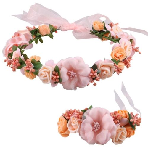 Heytea Rose Flower Crown Wreath Wedding Headband Wrist Band Set (Corail)