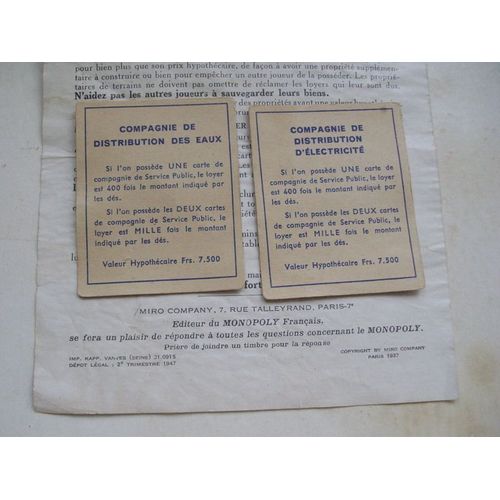 Elements Du Jeu De Monopoly De 1947 -Cartes "Titre De Propriete " Compagnies De Distribution Eaux Et Electricite