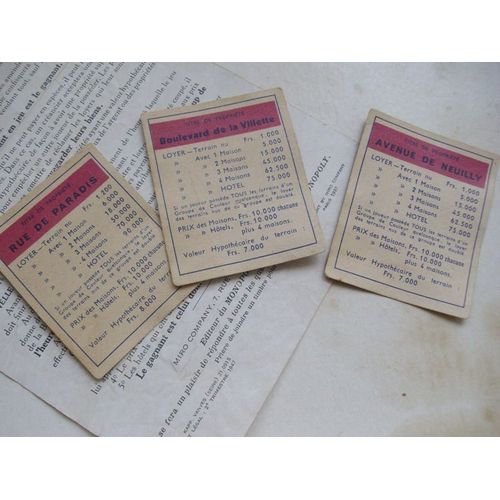 Elements Du Jeu De Monopoly De 1947 -Cartes "Titre De Propriete " Mauve