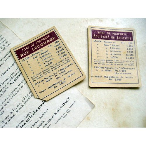 Elements Du Jeu De Monopoly De 1947 -Cartes "Titre De Propriete " Violet