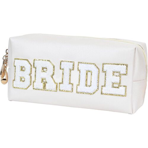 Trousse de maquillage Cadeaux de mariée Sac d'organisateur de voyage Sac Varsity Lettre Cosmétique Trousse de toilette Lettre Patchs Blanc Maquillage Pu Sac Mariée Embrayage Sac à Main