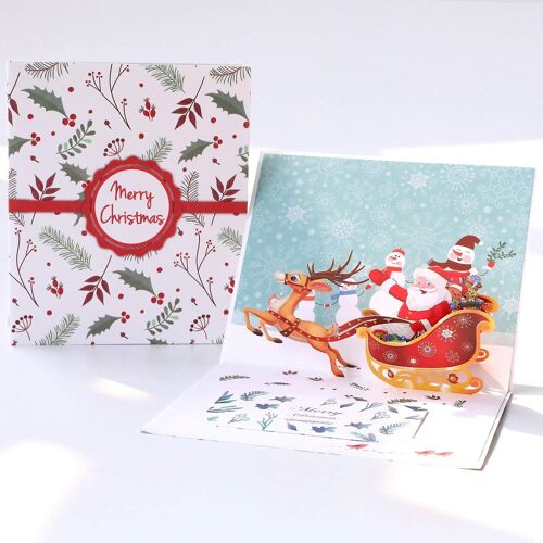 Cartes Popup de Noël, carte de voeux 3d fait à la main père Noël et cerf chariot, vacances Noël hiver nouvel an Pop Up carte de voeux-y compris enveloppe et étiquette de Note